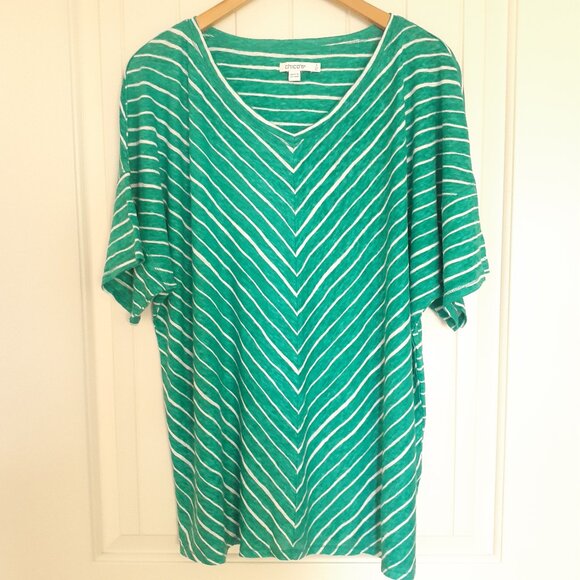 Chico's Easy Linen Striped Short Sleeve Tee Tropical Jade Green Size 3/Size XL - Picture 1 of 9